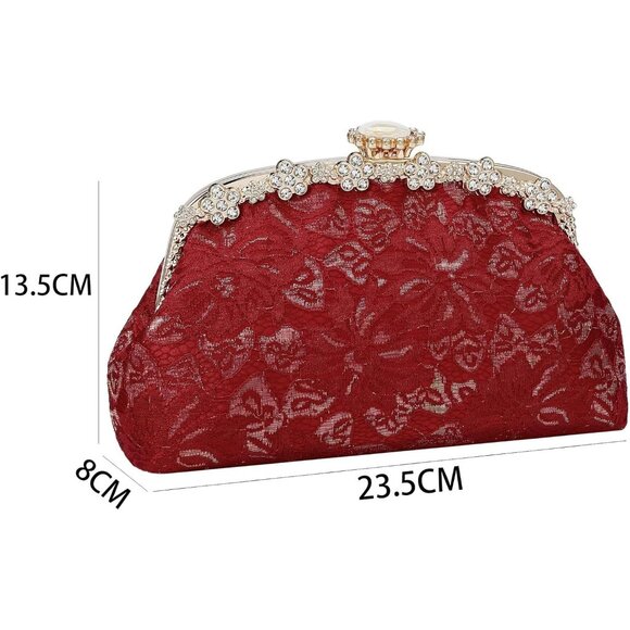 ⚡ Women's Red Fabric Lace Pearl Chain Rhinestones Shoulder Clutch Bag - Picture 9 of 9